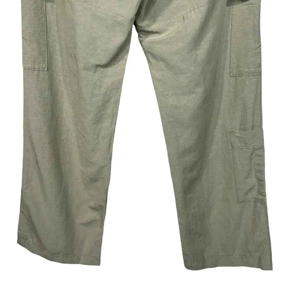 H&M SZ 14 Wide Straight Leg Pants Linen Blend Cargo Pocket Hi-Rise Zip-Fly Beige